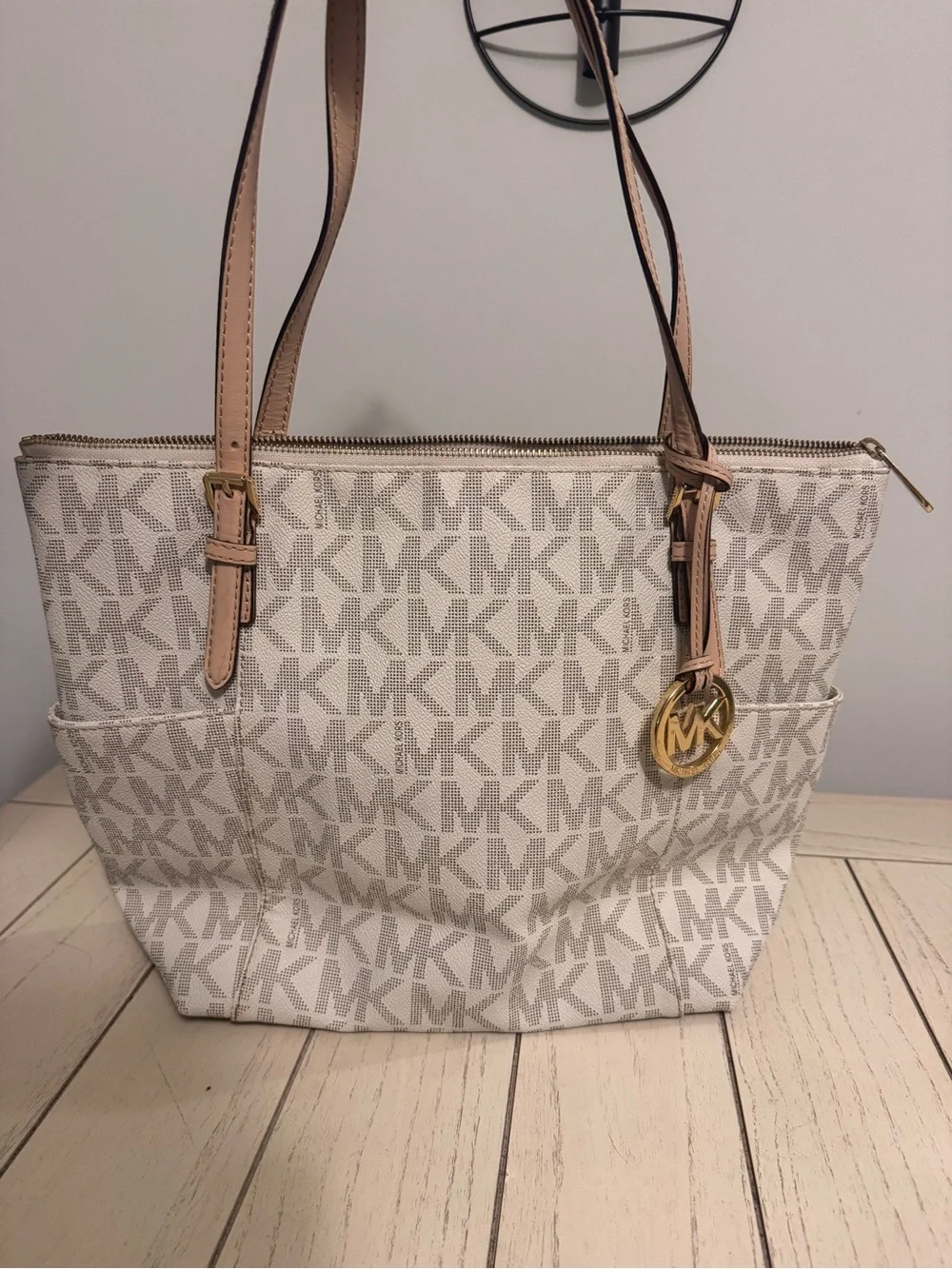 Michael Kors Cream MK Logo Tote with Tan Straps and Gold Charm